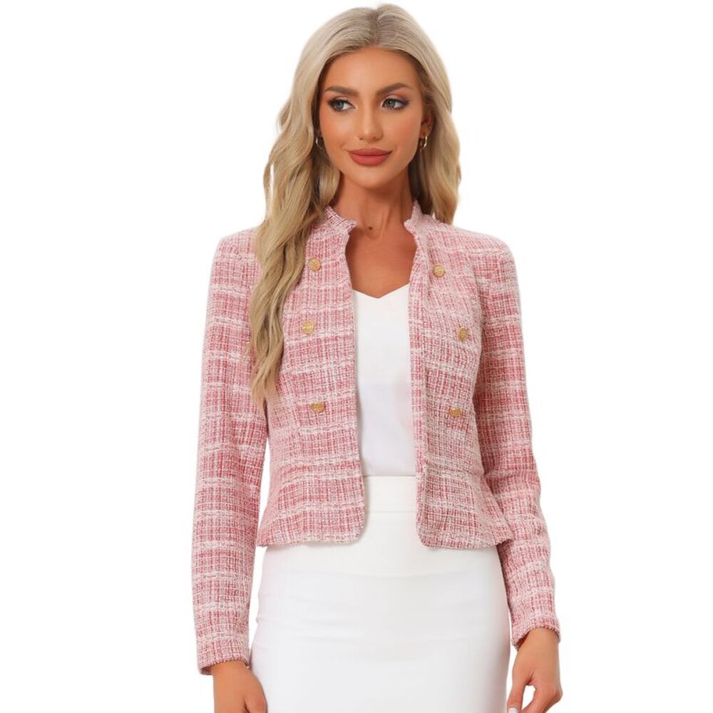 Tweed Jackets for Women's Stand Collar Open Front Jacket Red